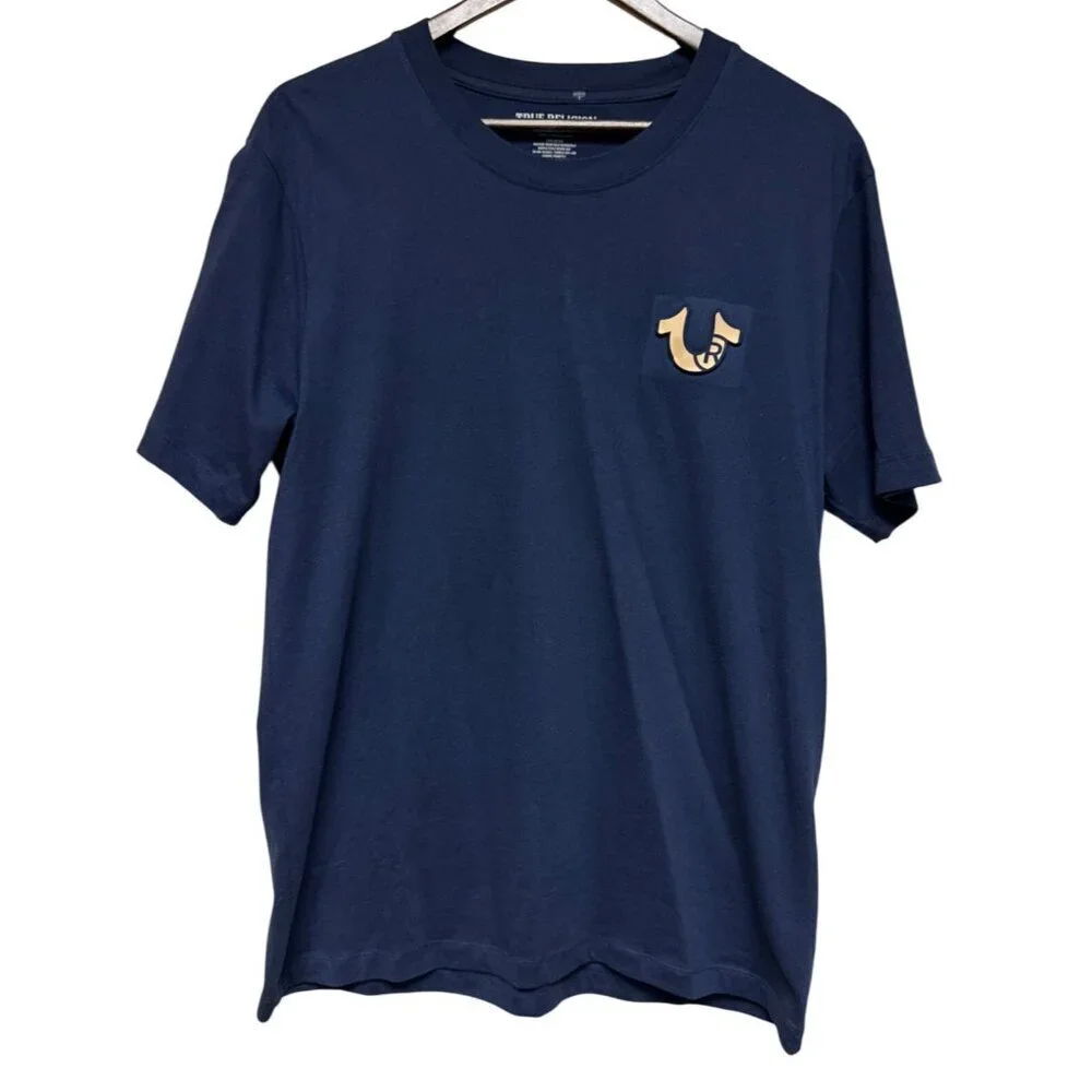 True Religion Men's Shirt T-Shirt 3D Embossed Logo Spell Out Blue Large Cotton